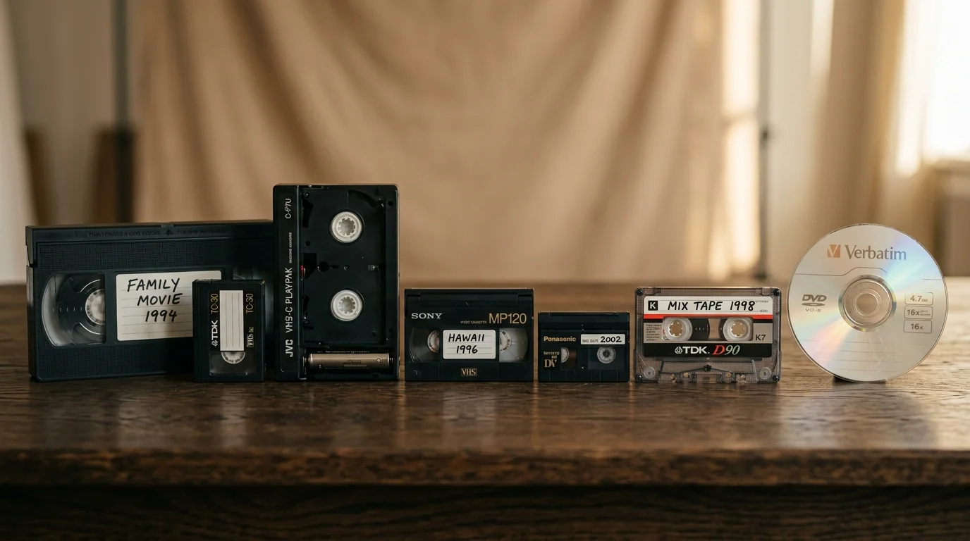 Comparação visual dos formatos de fitas VHS, VHS-C com adaptador, 8mm, MiniDV, K7 e DVD